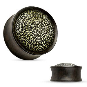 Drevený sedlový plug tmavohnedej farby, vyrezávaný kruh zlatej farby - Hrúbka: 22 mm