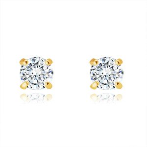 Náušnice z 9K zlata - trblietavý okrúhly číry zirkón v kotlíku, puzetky, 3 mm