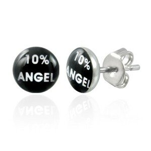 Oceľové náušnice, čierny kruh s bielym nápisom 10% ANGEL