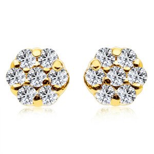 Diamantové náušnice zo 14K žltého zlata - malý kvet, okrúhle číre diamanty, puzetky