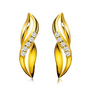 Briliantové náušnice zo žltého 14K zlata - prepletené vlnky, diamantová línia, puzetky, rodiované
