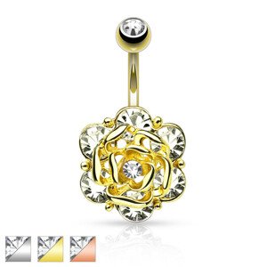 Piercing do bruška z ocele - kvetina s čírymi okrúhlymi zirkónmi, rôzne farby - Farba: Zlatá