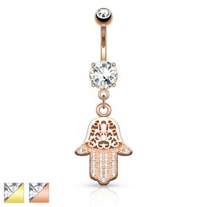 Oceľový piercing do pupka - symbol Hamsa, číre zirkóny, ozdobné výrezy, rôzne farby - Farba: Medená