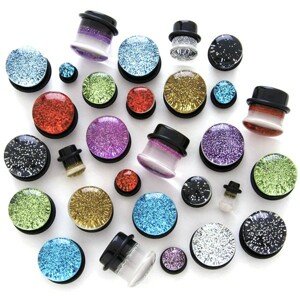 Plug do ucha - priehľadný s trblietkami - Hrúbka: 6 mm , Farba piercing: Čierna