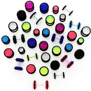 Trblietavý falošný plug s čiernymi gumičkami - Veľkosť hlavičky: 10 mm, Farba piercing: Tmavá Modrá