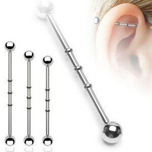 Oceľový piercing do ucha - činka, vrúbkované zárezy, guličky
