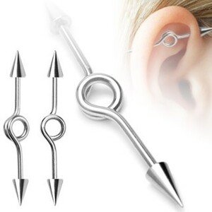 Oceľový piercing do ucha - činka, ohnutý kruh, hroty