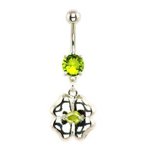 Piercing do brucha -  štvorlístok striebornej farby, vsadený zirkón