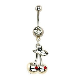 Oceľový piercing do brucha - strieborné čerešne, zirkóny