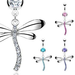 Piercing do pupku v tvare vážky vykladaný zirkónmi - Farba zirkónu: Aqua modrá - Q
