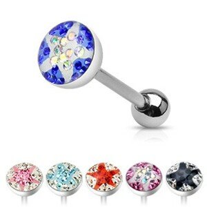 Piercing do jazyka - zaliate farebné zirkóny, hviezda - Farba zirkónu: Aqua - číra