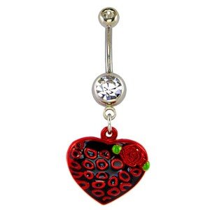Piercing do pupku - čierno červené srdce a krúžky, ružička