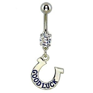 Piercing do pupku - podkova, modrý nápis GOOD LUCK