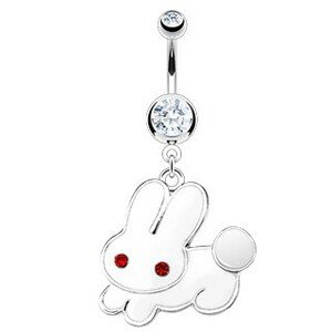 Piercing do brucha - biely zajac, červené zirkónové oči