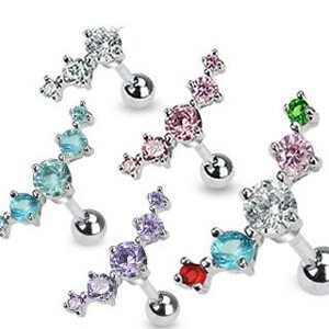 Piercing do tragusu z chirurgickej ocele - päť zirkónov - Farba zirkónu: Aqua modrá - Q