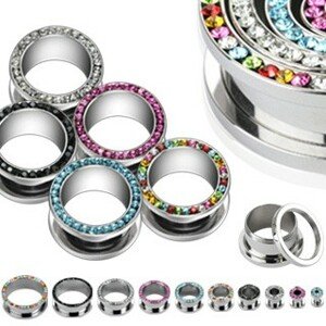 Tunel do ucha - zirkóny v kruhu - Hrúbka piercingu: 3 mm, Farba zirkónu: Číra - C