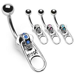 Piercing do pupka - zips, tri vsadené zirkóny - Farba zirkónu: Modrá - B