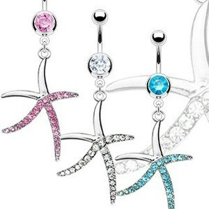 Piercing do pupka z ocele - zirkónová hlavička a štíhla hviezdica - Farba zirkónu: Aqua modrá - Q
