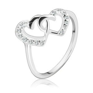 Strieborný prsteň 925 - prepletené srdcia vykladané zirkónmi - Veľkosť: 54 mm