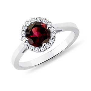 Zlatý prsteň halo s granátom a diamantmi KLENOTA
